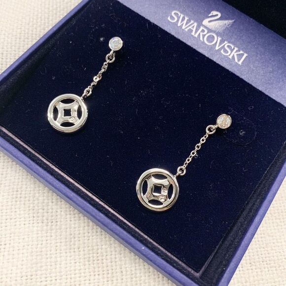 NIB Swarovski Crystal Silver circle motif dangling drop earrings w/ certificate - Picture 2 of 4
